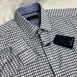 NWT Daniel Hechter Men Button Up 16.5 L Cotton Blue White Check Dress Shirt